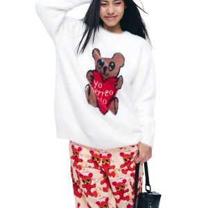 Heart Bear Jacquard Sweater - White Loose Pullover Knit Top, Y2K Style, Cozy Knitwear, Casual Women's Fashion
