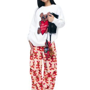 Heart Bear Jacquard Sweater - White Loose Pullover Knit Top, Y2K Style, Cozy Knitwear, Casual Women's Fashion