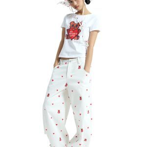 Heart Bear Print Curved Pants in White - Trendy Y2K Style for Casual Comfort and Unique Fashion Statement