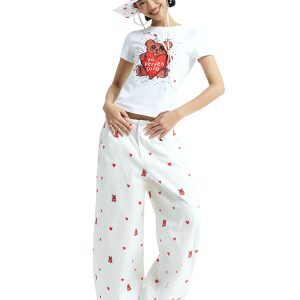 Heart Bear Print Curved Pants in White - Trendy Y2K Style for Casual Comfort and Unique Fashion Statement
