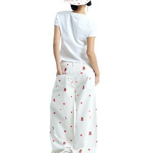 Heart Bear Print Curved Pants in White - Trendy Y2K Style for Casual Comfort and Unique Fashion Statement