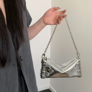Heavy-Duty Genuine Leather Crossbody Bag with Soft Box Chain and Hardware - Women's Chic Underarm Style