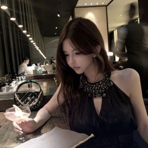 Heavy Embellished Diamond Necklace Collar Black Dress with Sparkling Neckline - Elegant Evening Wear, 90s Inspired Fashion