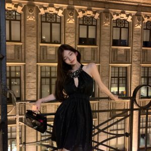 Heavy Embellished Diamond Necklace Collar Black Dress with Sparkling Neckline - Elegant Evening Wear, 90s Inspired Fashion