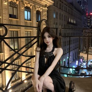 Heavy Embellished Diamond Necklace Collar Black Dress with Sparkling Neckline - Elegant Evening Wear, 90s Inspired Fashion
