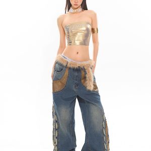 Heavy Wash Retro Beaded Patchwork Wide-Leg Jeans for Women - Niche 90s Inspired Style for Winter Fashion