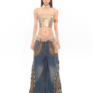 Heavy Wash Retro Beaded Patchwork Wide-Leg Jeans for Women - Niche 90s Inspired Style for Winter Fashion