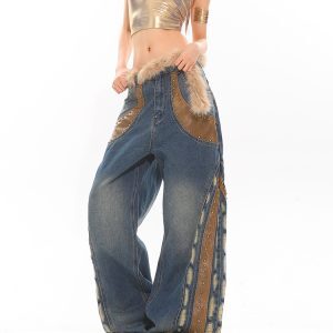 Heavy Wash Retro Beaded Patchwork Wide-Leg Jeans for Women - Niche 90s Inspired Style for Winter Fashion