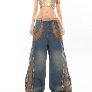 Heavy Wash Retro Beaded Patchwork Wide-Leg Jeans for Women - Niche 90s Inspired Style for Winter Fashion