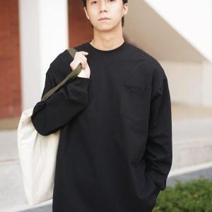 Heavyweight 300G Pure Cotton White Long Sleeve T-Shirt for Men - Small Collar Casual Streetwear City Boy Base Shirt