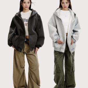 Heavyweight High Neck Hooded Cardigan Sweatshirt - Unisex Loose American Streetwear Jacket for Functional Style