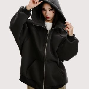 Heavyweight High Neck Hooded Cardigan Sweatshirt - Unisex Loose American Streetwear Jacket for Functional Style