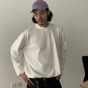 Heavyweight Pure Cotton Solid Color Round Neck Long Sleeve T-Shirt Unisex Vintage Casual Style 90s Trendy Base Shirt