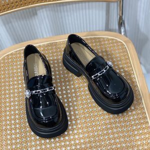 Height-Increasing 6cm Thick Sole Loafers for Women, Black Slip-On JK Leather Flats, British Style for Spring and Autumn