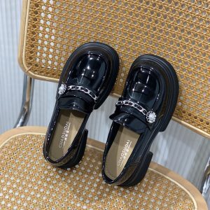 Height-Increasing 6cm Thick Sole Loafers for Women, Black Slip-On JK Leather Flats, British Style for Spring and Autumn