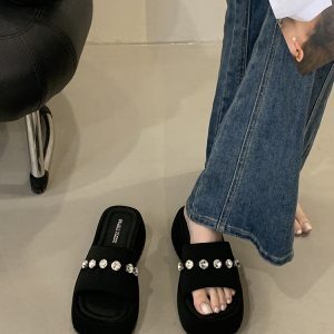 Height-Increasing Slim-Fit Rhinestone Thick-Soled Sandals for Women - Summer 2025 Beach Flip-Flops, Perfect for Skirts