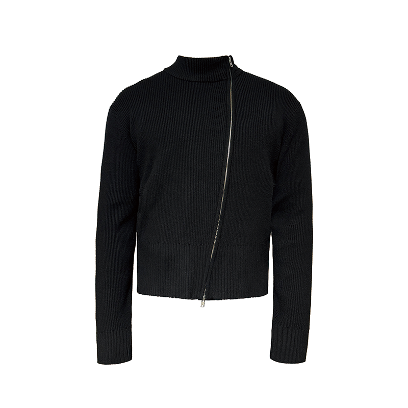 High-Elastic Diagonal Zipper Sweater in Core-Spun Yarn - Stylish Through-Type Double-Opening Design for Trendy Layering