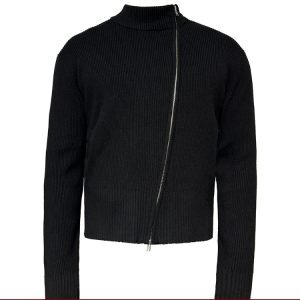 High-Elastic Diagonal Zipper Sweater in Core-Spun Yarn - Stylish Through-Type Double-Opening Design for Trendy Layering