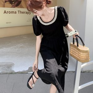 High-End Black Puff Sleeve Dress for Women - Waist-Cinching French Style, Summer 2025, Elegant Long Dress for Timeless Appeal