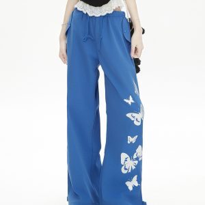 High-End Butterfly Print Casual Pants for Women - Slimming Loose Straight-Leg Summer Trousers in Lightweight Blue Fabric