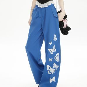 High-End Butterfly Print Casual Pants for Women - Slimming Loose Straight-Leg Summer Trousers in Lightweight Blue Fabric