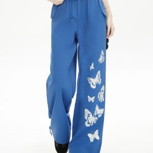 High-End Butterfly Print Casual Pants for Women - Slimming Loose Straight-Leg Summer Trousers in Lightweight Blue Fabric