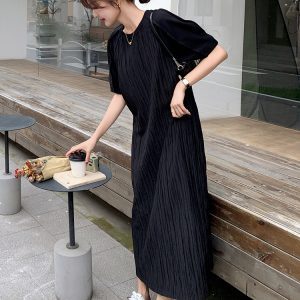 High-End Casual Loose Black Dress for Women - Relaxed Fit Ankle-Length Summer 2025 Style, Slimming Design
