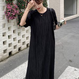 High-End Casual Loose Black Dress for Women - Relaxed Fit Ankle-Length Summer 2025 Style, Slimming Design