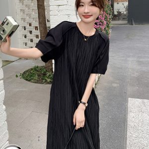 High-End Casual Loose Black Dress for Women - Relaxed Fit Ankle-Length Summer 2025 Style, Slimming Design