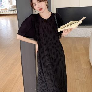 High-End Casual Loose Black Dress for Women - Relaxed Fit Ankle-Length Summer 2025 Style, Slimming Design