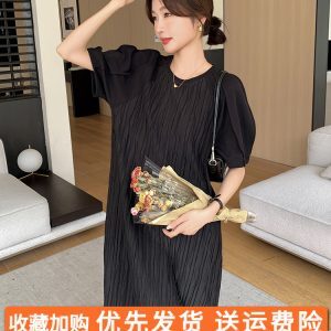 High-End Casual Loose Black Dress for Women - Relaxed Fit Ankle-Length Summer 2025 Style, Slimming Design
