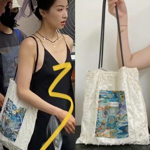 High-End Casual Velvet Canvas Shoulder Bag - Korean Style Paradise Patchwork Design