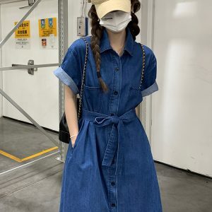 High-End Denim Shirt Dress for Women - Hong Kong Style, Casual Waist-Cinching, Summer 2025 Trendy Long Dress