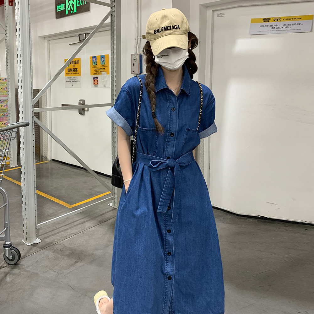 High-End Denim Shirt Dress for Women - Hong Kong Style, Casual Waist-Cinching, Summer 2025 Trendy Long Dress