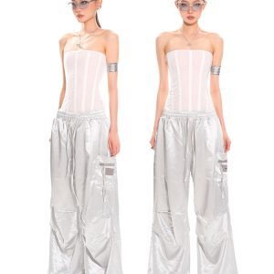 High-End Fabric Multi-Pocket Wide-Leg Workwear Pants for Women - Vintage Straight-Leg Style for Summer Street Dance Fashion