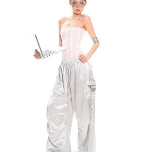 High-End Fabric Multi-Pocket Wide-Leg Workwear Pants for Women - Vintage Straight-Leg Style for Summer Street Dance Fashion