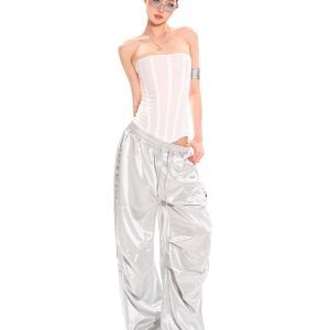 High-End Fabric Multi-Pocket Wide-Leg Workwear Pants for Women - Vintage Straight-Leg Style for Summer Street Dance Fashion