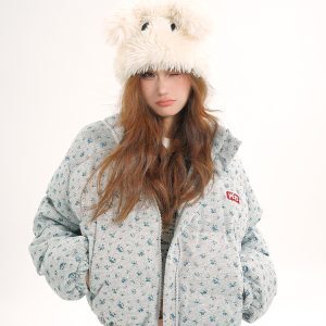 High-End Floral Short Cotton Jacket for Petite Women - Thick & Warm Winter Outerwear in American Style