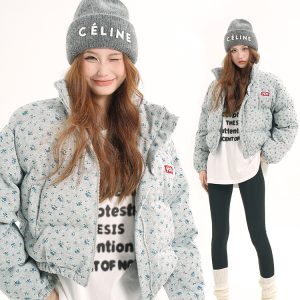 High-End Floral Short Cotton Jacket for Petite Women - Thick & Warm Winter Outerwear in American Style
