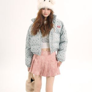 High-End Floral Short Cotton Jacket for Petite Women - Thick & Warm Winter Outerwear in American Style