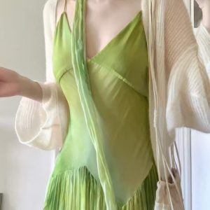 High-End French Style Green Gradient Camisole Dress - Summer Seaside Vacation Long Skirt with Gentle Wind Elegance