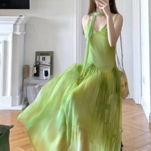 High-End French Style Green Gradient Camisole Dress - Summer Seaside Vacation Long Skirt with Gentle Wind Elegance
