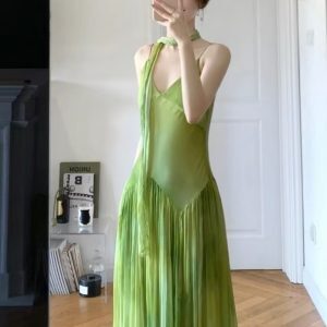 High-End French Style Green Gradient Camisole Dress - Summer Seaside Vacation Long Skirt with Gentle Wind Elegance