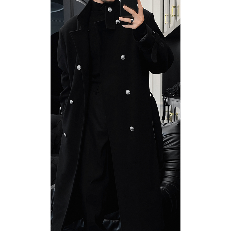 High-End Long Knee-Length Woolen Coat for Men, Double-Breasted, Korean Style, 2024 Autumn Winter Fashion
