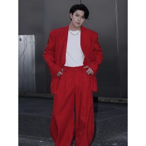 High-End Retro Red Suit Set for Autumn, No-Collar Blazer and Casual Trousers, Vintage Style, 2024 Fashion Trends