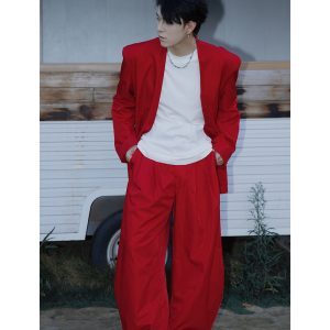 High-End Retro Red Suit Set for Autumn, No-Collar Blazer and Casual Trousers, Vintage Style, 2024 Fashion Trends