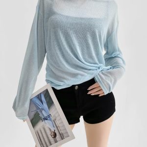High-End Round Neck Loose Fit Summer Sweater for Women - Slimming Sun Protection Knitted Top in Solid Color, Jazz Lazy Style