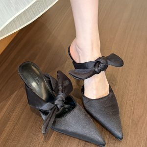 High-End Satin Pointed Toe Bow Mules for Women - Stylish Open-Toe High Heels, Elegant Half Slippers, Perfect for 90s and Y2K Fashion