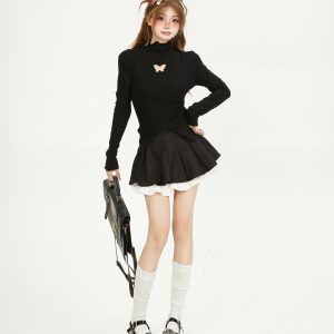 High-Neck Butterfly Hollowed-Out Split Base Shirt for Women, Sweet Wood Ear Edge Top for Spring & Autumn Outfits