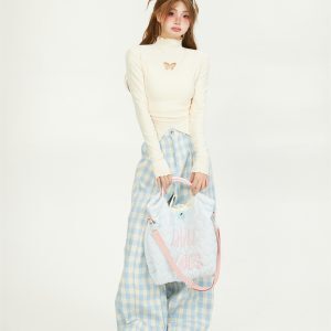 High-Neck Butterfly Hollowed-Out Split Base Shirt for Women, Sweet Wood Ear Edge Top for Spring & Autumn Outfits